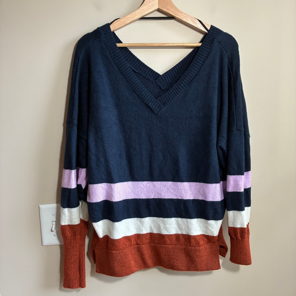 prAna Striped V-Neck Colorblock Sweater Medium Navy Rust Womens Relaxed Knit